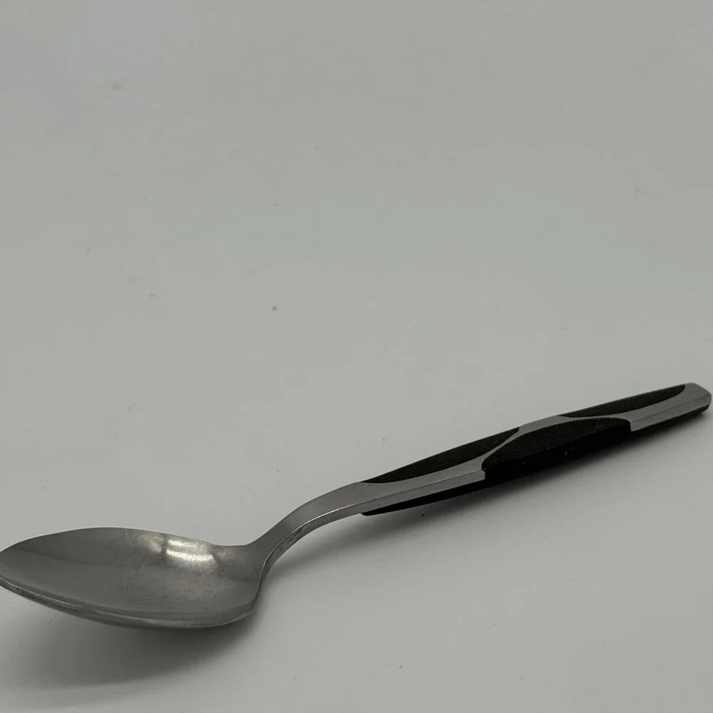 Vintage MCM Stainless Steel Teaspoon Black Leaf Accent 6